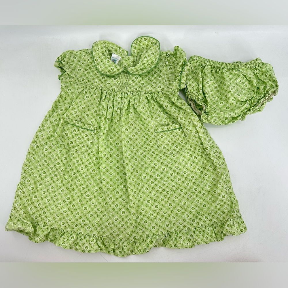 Vtg April Cornell Green Floral Baby Dress Collared With Bloomers Sz 12-18 Month